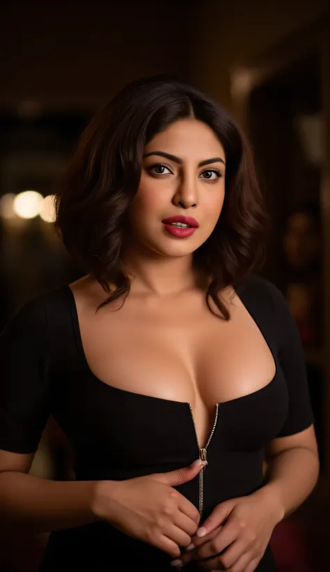 Priyanka choprabeautiful 25 years old actress sexy curvy size model woman  , looking at viwer standing front of viwer, seduced , horny looking face curvy, (Wearing:   Square V Neck Elbow Half Sleeve Saree Blouse ) in hall , Long wavy hair, smile, cleavage ...