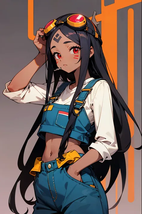 score_5_up,score_6_up,score_7_up, 1girl, solo, hand in pockets, wearing (blue overalls, black crop_top), facial mark, goggles_on_head, dark-skinned female, black hair, long hair, dreadlocks, red eyes, hair_tubes, simple background
