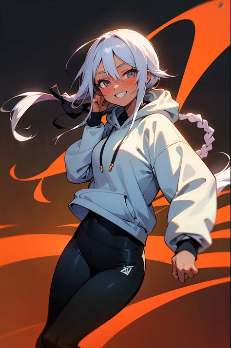 1Girl, Dark Skin, Very Long Straight Dreadlocks, White Eyes, Black Hoodie, Black Gym Leggings, Looking At Viewer,Smile, Teeth, Blush, Solo, Open Street Background, Anime, High Resalution, Best Quality,
