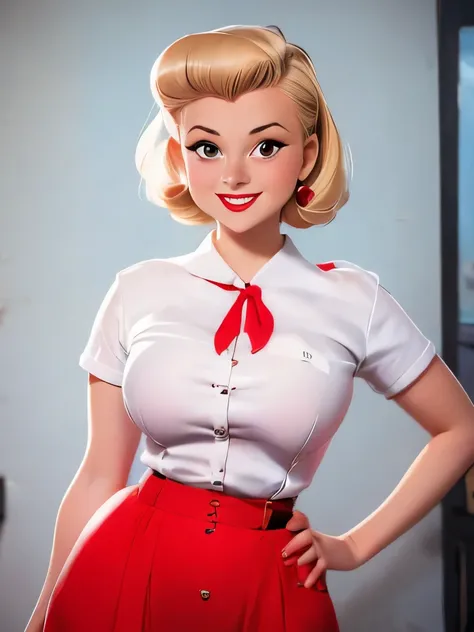 a woman in a red skirt and white shirt posing for a picture, dressed like in the 1940s, 5 0 s style, 50s style, 1950s vibes, 1 9 5 0 s style, retro 5 0 s style, pinup style, retro pinup model, wearing a blouse, gil elvgren style, pinup