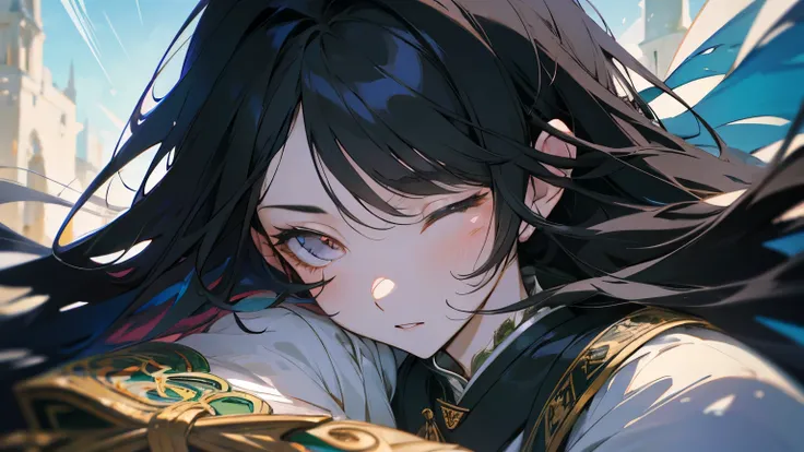 beautiful japanese anime lady, 26 years old, extreme close-up, eyes closed, heavily armed knight, celtic armor, very long black hair fluttering in the wind, high definition graphics with clear details, artistic rendering, relaxing colors, emphasis on fanta...