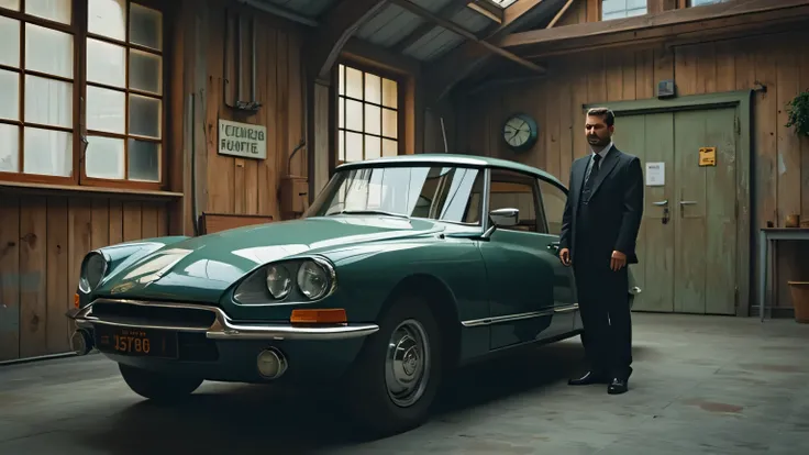 A cinematic ultra-HD shot of a car collector standing proudly next to the Citroën DS 23 inside a high-end garage. The collector is dressed in a tailored suit, exuding sophistication as he admires the vehicle.  
