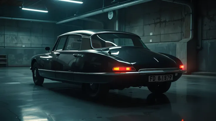 A cinematic ultra-HD image of the Citroën DS 23 in a dimly lit garage, with its LED taillights glowing. The dramatic lighting and reflections on the polished floor create a striking visual composition.  
