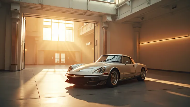 A cinematic ultra-HD image of a luxury garage with a large skylight. Sunlight filters in, casting a warm glow on the Citroën DS 23’s metallic paint, enhancing the car’s futuristic appeal.  
