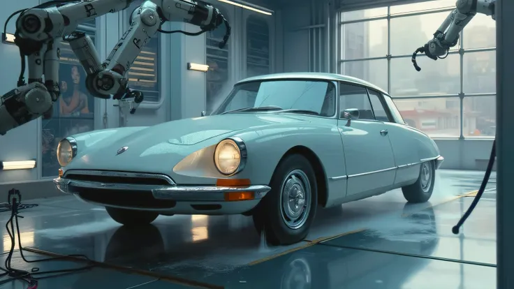 A hyper-realistic image of a futuristic garage with robotic arms performing an automated car wash on the Citroën DS 23. The precision and advanced technology create an ultra-modern scene.  
