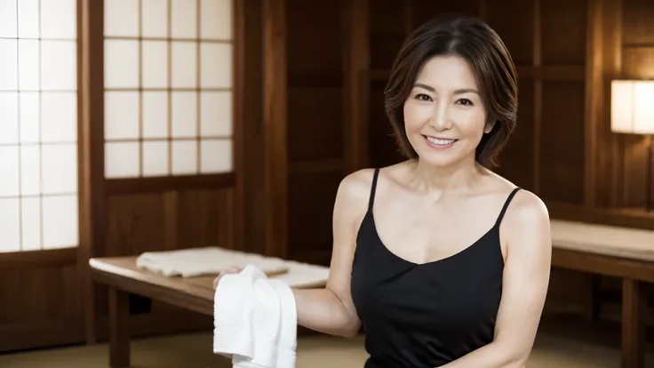 full body shot、Hand towels、A fit and elegant 58-year-old woman with short, dark hair and a warm smile. She is wearing a black sleeveless top, revealing her toned arms. She is indoors in a traditional Japanese-style room with wooden panels and soft lighting...