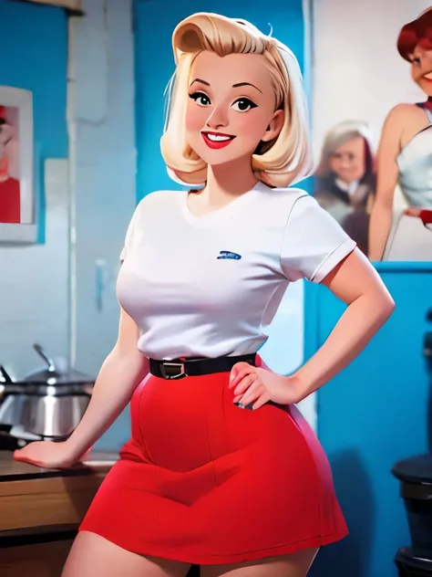 a woman in a red skirt and white shirt posing for a picture, a colorized photo inspired by Gil Elvgren, tumblr, pop art, dressed like in the 1940s, 50s style, 5 0 s style, 1950s vibes, 1 9 5 0 s style, retro 5 0 s style, pinup style, retro pinup model