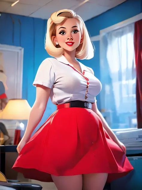 a woman in a red skirt and white shirt posing for a picture, a colorized photo inspired by Gil Elvgren, tumblr, pop art, dressed like in the 1940s, 50s style, 5 0 s style, 1950s vibes, 1 9 5 0 s style, retro 5 0 s style, pinup style, retro pinup model