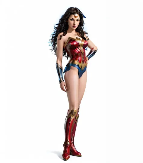 (best quality, masterpiece:1.2) 1girl woman in her 40 years, (realistic:1.5), wonder woman as gal gadot, long black hair, wearing wonderwoman armor, bracelets, red boots, standing, full body, blue eyes, white background, blue eyes, red lips, hand on hip, c...