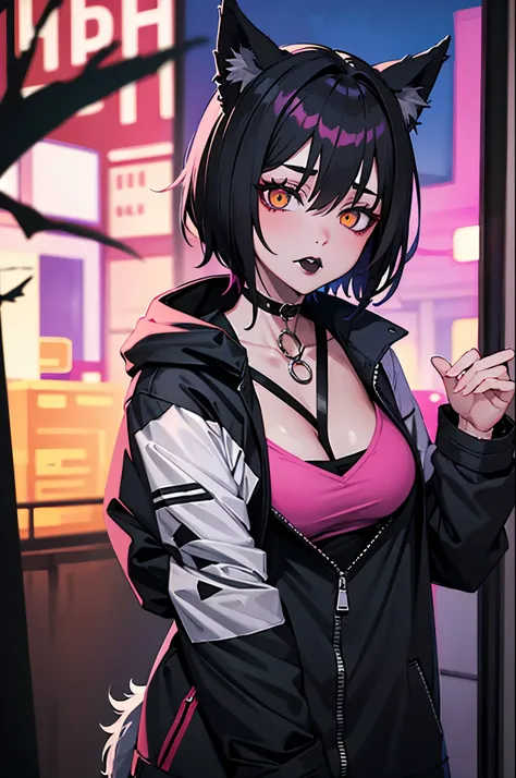 human female ,Tomboy, short hair, wolf girl, hellhound girl, pink parka, synthwave, black Hair, pink hair, pentagram_harnes ,Jacket, Goth, Light skin, punk, floofy hair, Sharp eyes, Orange eyes, Black lipstick, female, solo 