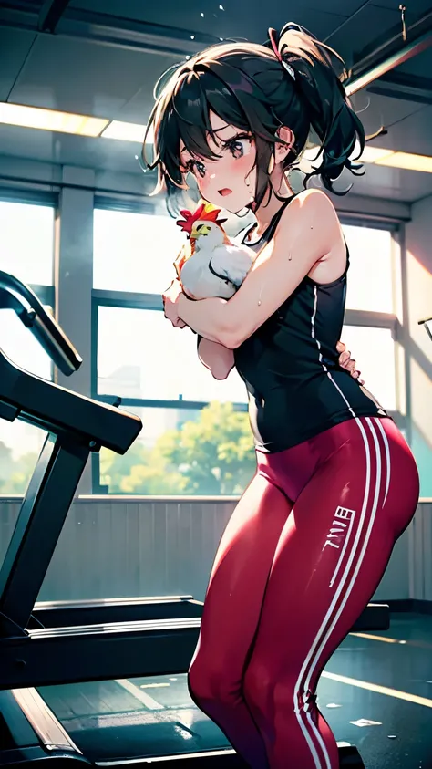 A dynamic, anime-style scene of a determined black-haired anime girl finally capturing a small, real chicken with a bright red comb inside a modern gym. The girl, wearing stylish workout clothes such as a fitted tank top and leggings, has an excited yet ex...