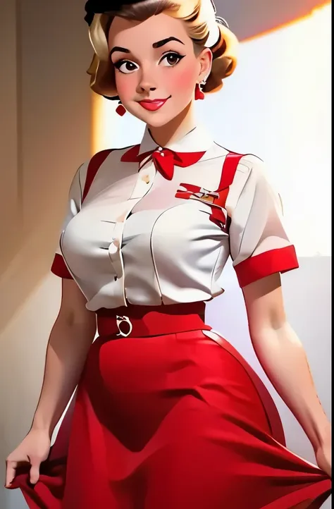 a woman in a red skirt and white shirt posing for a picture, dressed like in the 1940s, 5 0 s style, 50s style, 1950s vibes, 1 9 5 0 s style, retro 5 0 s style, pinup style, retro pinup model, wearing a blouse, gil elvgren style, pinup