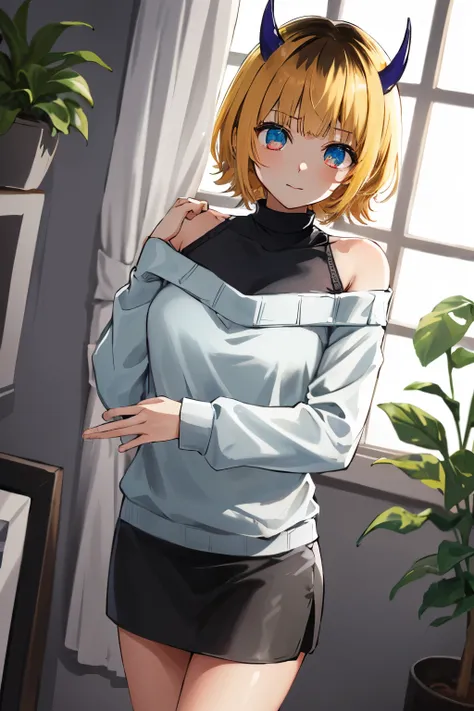1 girl, Memucho, blond hair, Blue Eyes,  brant bang, Demon horn, 偽のhorn, horn,  short hair,
break bare shoulders, ブラックskirt, (青いsweater:1.5),  Long Sleeve, off the shoulder, off the shoulderのsweater, puff sleeve, skirt, sweater, white ribbon, standing,
Bla...