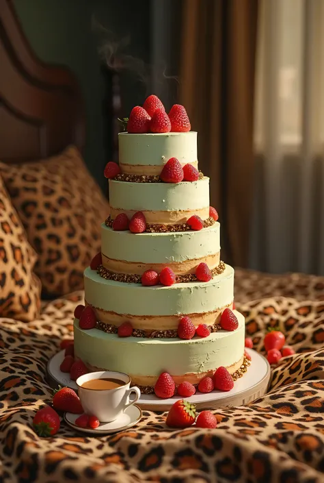 on the nightstand next to the bed a beautiful creamy pistachio five-tiered large cake decorated with strawberries next to a white cup of coffee leopard-print bed linens.