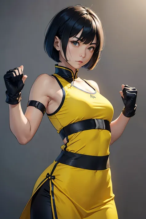  female、 Kung Fu Master、realistic、simple background、 upper body up、(bob cut with skindent)、sad expression、(I wear gloves on both hands)、hair band、(yellow Chinese dress)、( black hair)、 jogger pants 、 trained biceps 
 