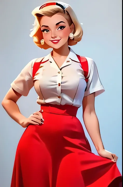 a woman in a red skirt and white shirt posing for a picture, dressed like in the 1940s, 5 0 s style, 50s style, 1950s vibes, 1 9 5 0 s style, retro 5 0 s style, pinup style, retro pinup model, wearing a blouse, gil elvgren style, pinup