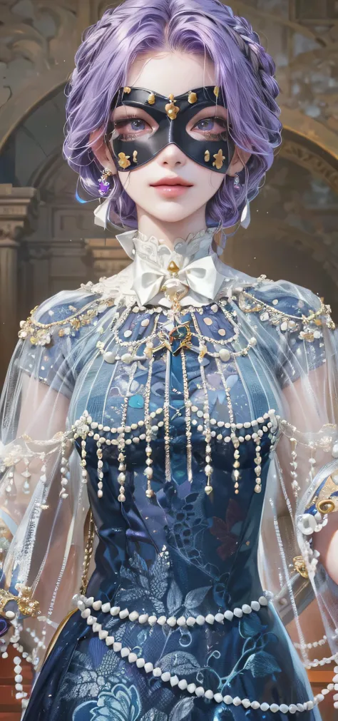 (masterpiece, top quality, best quality, official art, enchanting and aesthetic:1.2), 1female, purple hair, bangs, covered eyes, blindfolded, high quality details, 4k eyes, purple hair, low braided bun hair, (masterpiece, top quality, best quality, officia...