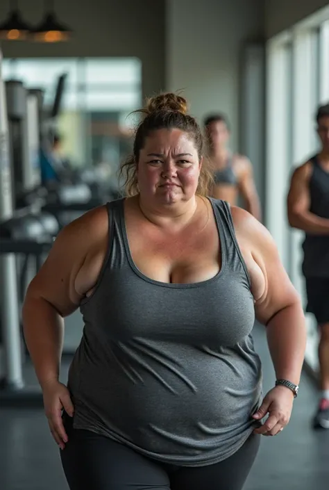 Image of a fat woman at the gym, tired