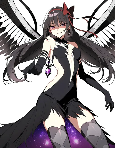 1girl, akuma homura, solo, long hair, wings, gloves, elbow gloves, black hair, smile, purple eyes, thighhighs, black gloves, argyle legwear, argyle, bare shoulders, looking at viewer, dress, soul gem, hair bow, bow, choker, feathered wings, white backgroun...