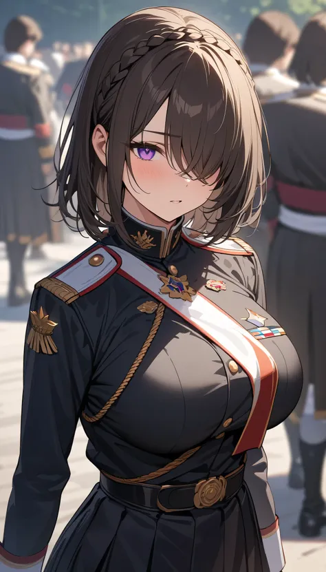 (masterpiece, Highest quality:1.2), (1girl), alone, ((medium hair)), (dark brown hair)), (straight hair), ((hair over face)), (hair over one eye), (hair over right eye), (), (purple eyes), ((big breast)) ,high detail, (crown braid), (military uniform), lon...