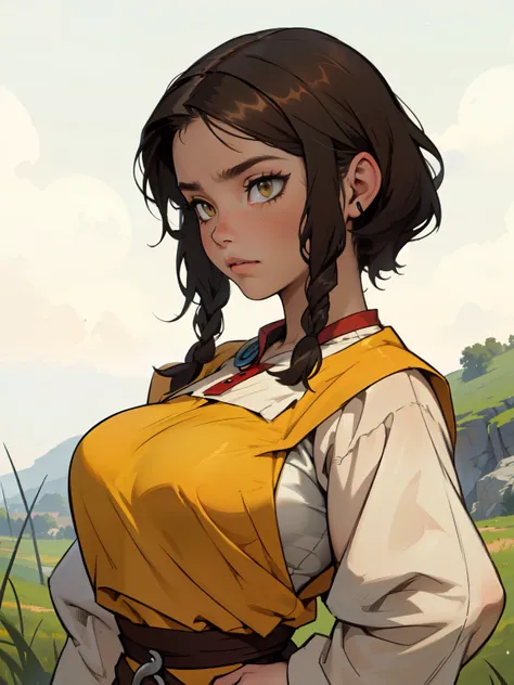 (((peasant girl peasant girl peasant girl peasant girl))) (((peasant girl peasant girl peasant girl peasant girl))) black hair yellow eyes sad torn peasant clothes huge muscles large breasts sad girl 