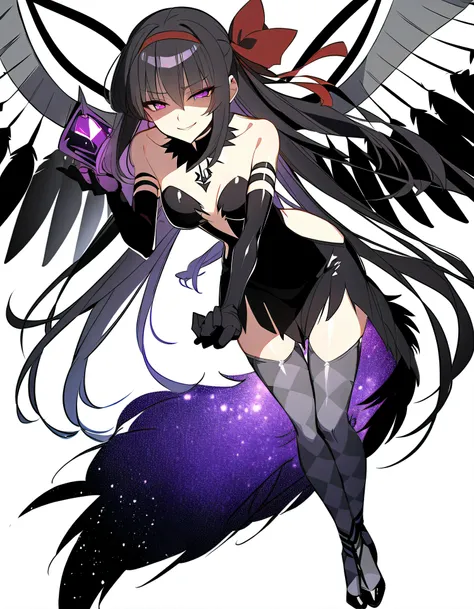 1girl, akuma homura, solo, long hair, wings, gloves, elbow gloves, black hair, smile, purple eyes, thighhighs, black gloves, argyle legwear, argyle, bare shoulders, looking at viewer, dress, soul gem, hair bow, bow, choker, feathered wings, white backgroun...