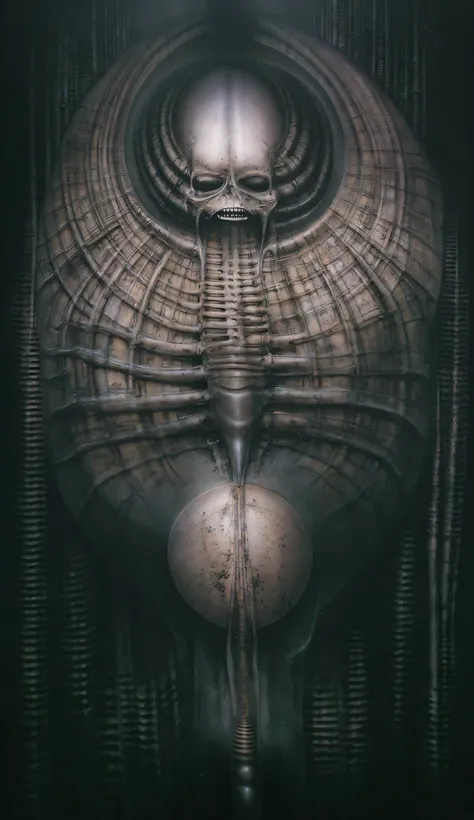 Please reproduce the original image as accurately as possible, capturing the intricate details of the biomechanical structures, the dramatic lighting, and the overall sense of unease. Find and enhance depiction of Giger's demons and creatures.(best quality...