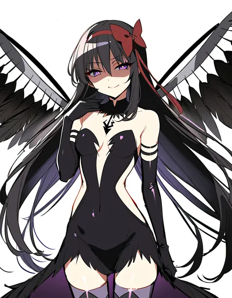 1girl, akuma homura, solo, long hair, wings, gloves, elbow gloves, black hair, smile, purple eyes, thighhighs, black gloves, argyle legwear, argyle, bare shoulders, looking at viewer, dress, soul gem, hair bow, bow, choker, feathered wings, white backgroun...