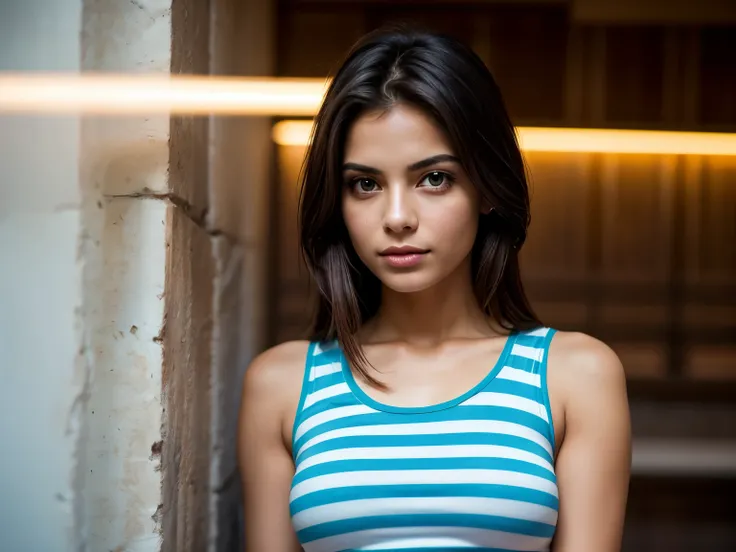 Brazilian girl from 1,70 tall and 62 kilos, green eyes with dark brown hair and shoulder cut with light blue tank top with white stripes, 