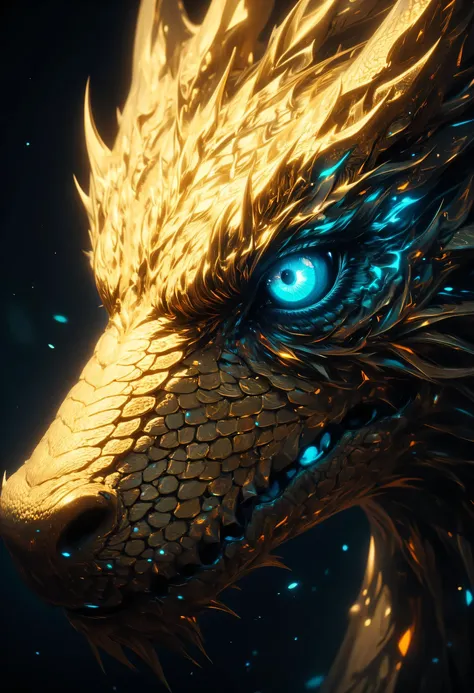 an close up picture of a gold dragon's head, its eye, there are blue flames in the retina, serpentine eye, 