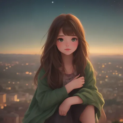 A girl with long brown hair dark green eyes looks down from a hill at the city below, her friends are near her. city lights, twilight, starry sky