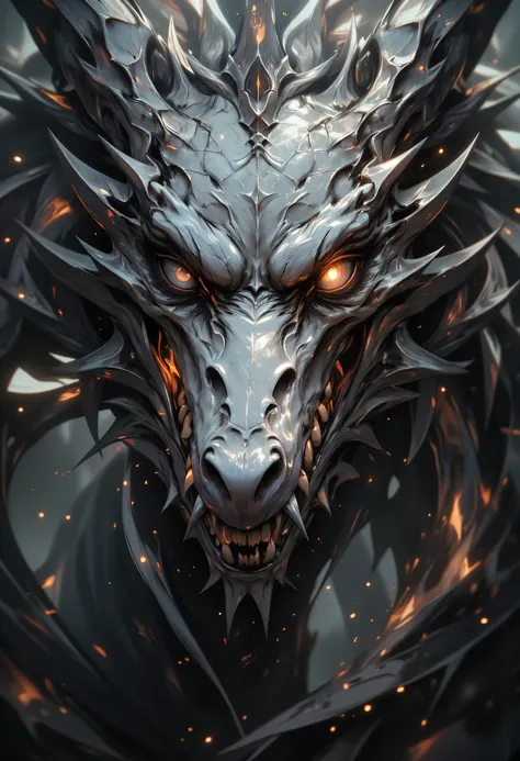 an close up picture of a skeleton dragon's head, some silver scales remain, there are red gold flames in the retina, serpentine eye, 