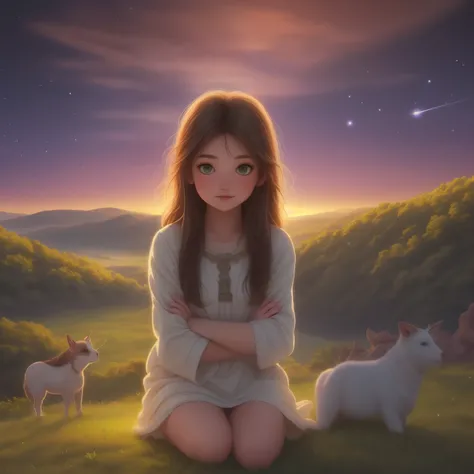 A serene girl with brown hair and dark green eyes sits atop a hill, gazing out at the evening sky's canvas of deep blues and purples, just after sunset's warmth fades. Before her, seven planets align vertically, their bright points aglow: Saturn, Mercury, ...