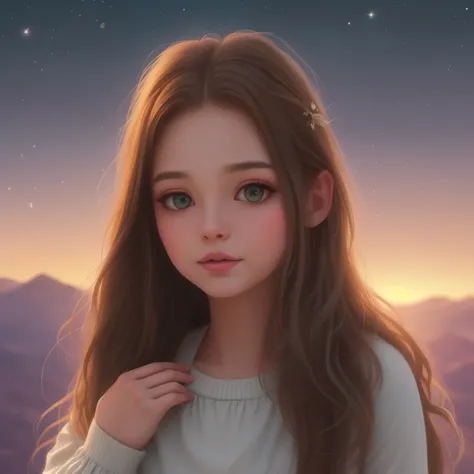A serene girl with brown hair and dark green eyes sits atop a hill, gazing out at the evening sky's canvas of deep blues and purples, just after sunset's warmth fades. Before her, seven planets align vertically, their bright points aglow: Saturn, Mercury, ...