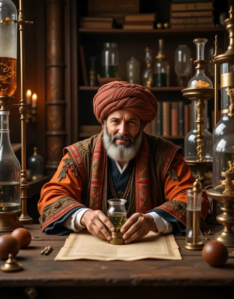 **Prompt:** Transport yourself to a breathtaking medieval chemical laboratory, where the echoes of scientific exploration from a bygone era resonate in the air. Imagine towering, intricately designed glassware chemical tube alembics, bubbling with vibrant ...