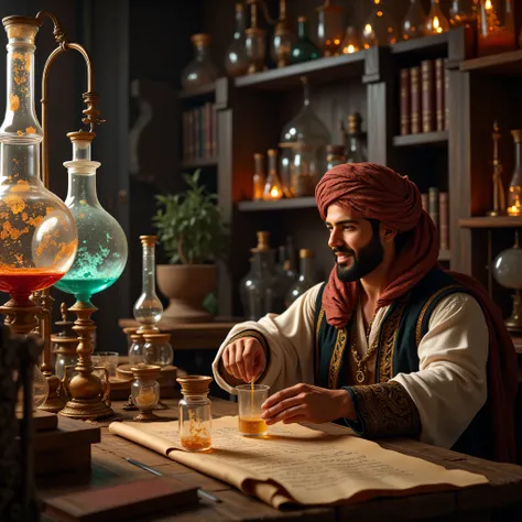 **Prompt:** Transport yourself to a breathtaking medieval chemical laboratory, where the echoes of scientific exploration from a bygone era resonate in the air. Imagine towering, intricately designed glassware chemical tube alembics, bubbling with vibrant ...