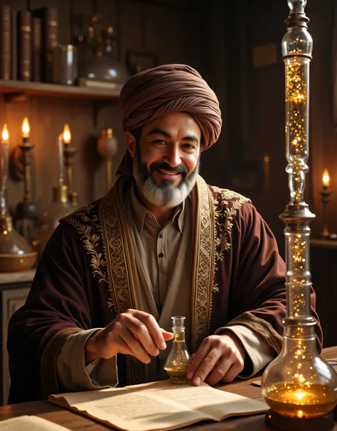 **Prompt:** Transport yourself to a breathtaking medieval chemical laboratory, where the echoes of scientific exploration from a bygone era resonate in the air. Imagine towering, intricately designed glassware chemical tube alembics, bubbling with vibrant ...