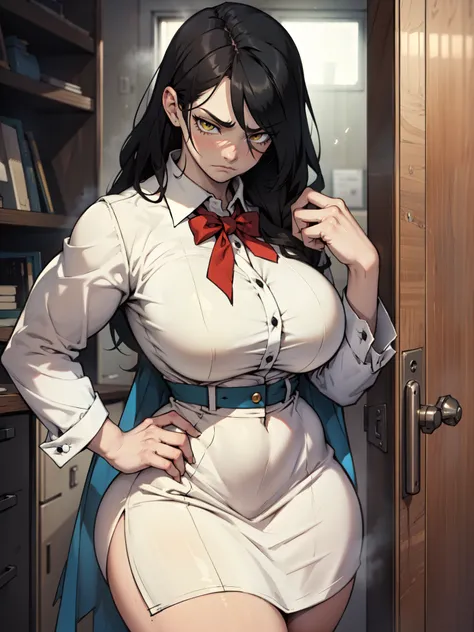 female formal wear black hair yellow eyes pale skin solo sad huge muscles big breasts frown sad sad 