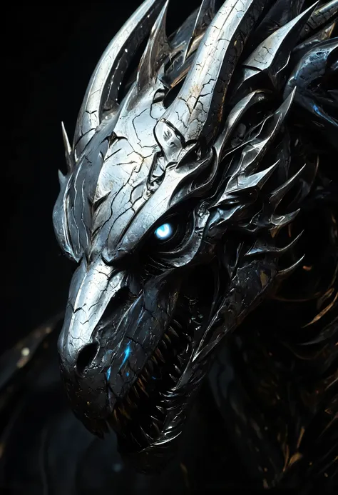 an close up picture of a skeleton dragon's head, some silver scales remain, there are blue flames in the retina, serpentine eye,
