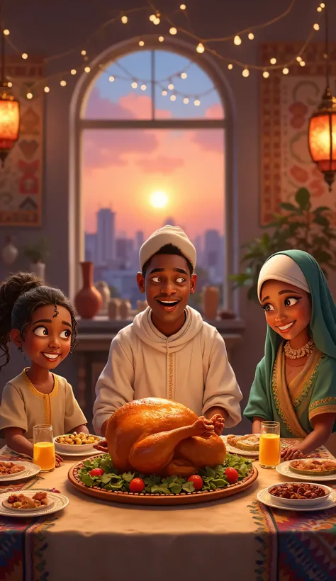 A heartwarming scene of an Ethiopian Muslim family gathered around a beautifully decorated dining table during Ramadan iftar. The centerpiece is a golden, perfectly roasted rotisserie chicken placed on a traditional injera-covered platter, surrounded by pl...