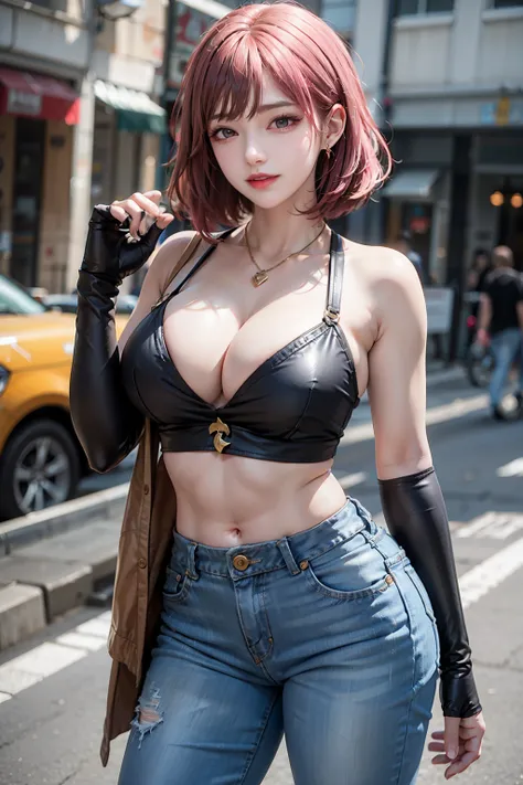 1Women, early 20s, (short silky pink hair with bangs:1.1), gold armlet, gold bracelet, golden eyes, happy, satisfied smile, big breast, golden cross necklace, jewellery, shiny skin, black clothes, thighhighs , (midriff, elbow gloves, denim pants, jeans:1.3...