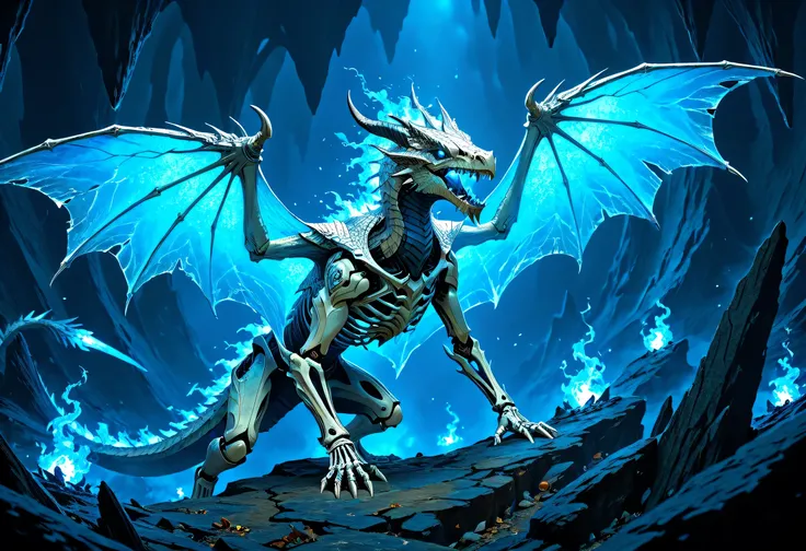 fantasy art, a picture of a massive. epic, skeleton dragon, spread dragon wings, skeletal wings, some silver scales remain, there are blue flames, serpentine eye, dragon cave background, fantasy