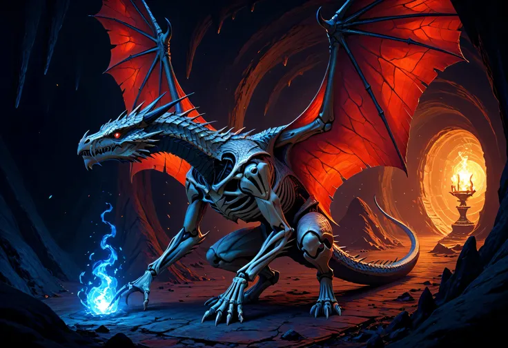 fantasy art, a picture of a massive. epic, skeleton dragon, spread dragon wings, skeletal wings, some silver scales remain, there are blue flames, serpentine eye, dragon cave background, fantasy