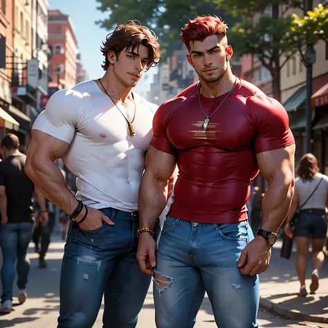 (dramatic illumination, intense color contrast), (1 young man with curly brown hair, shaggy hair, brown eyes, muscular, shy grin, wearing white T-shirt)  (one young man, red hair, blue eyes, wearing red t-shirt, wearing loose jeans), (wearing loose jeans),...