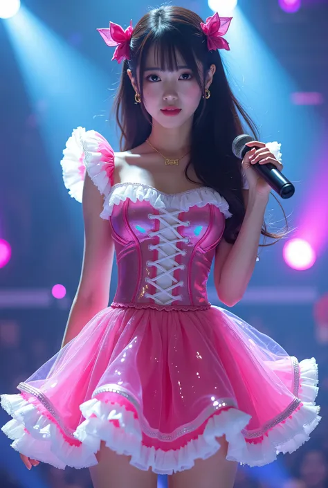 Create a highly detailed, realistic image of a young woman with long, dark hair styled with two small pink bows on either side. She is wearing a vibrant and transparent shinning glossy pink short dress that has a layered, frilly design with white ruffled e...