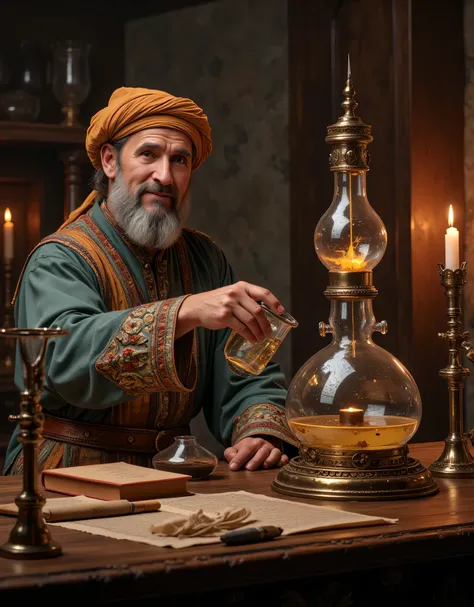**Prompt:** Step into the enchanting realm of a ancient medieval alchemy laboratory, a sanctuary pulsating with the fervor of ancient scientific pursuit. Picture a labyrinth of ornate chemical glassware, vividly bubbling b liquid in alembics glass casting ...