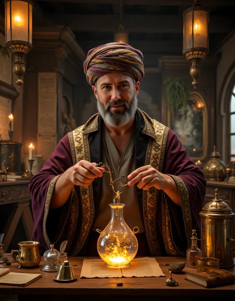 **Prompt:** Step into the enchanting realm of a ancient medieval alchemy laboratory, a sanctuary pulsating with the fervor of ancient scientific pursuit. Picture a labyrinth of ornate chemical glassware, vividly bubbling b liquid in alembics glass casting ...