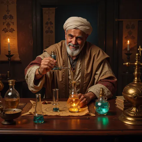 **Prompt:** Step into the enchanting realm of a ancient medieval alchemy laboratory, a sanctuary pulsating with the fervor of ancient scientific pursuit. Picture a labyrinth of ornate chemical glassware, vividly bubbling b liquid in alembics glass casting ...