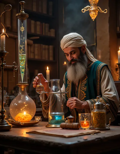 **Prompt:** Step into the enchanting realm of a ancient medieval alchemy laboratory, a sanctuary pulsating with the fervor of ancient scientific pursuit. Picture a labyrinth of ornate chemical glassware, vividly bubbling b liquid in alembics glass casting ...
