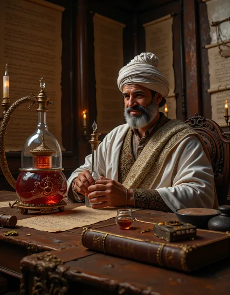 **Prompt:** Step into the enchanting realm of a ancient medieval alchemy laboratory, a sanctuary pulsating with the fervor of ancient scientific pursuit. Picture a labyrinth of ornate chemical glassware, vividly bubbling b liquid in alembics glass casting ...